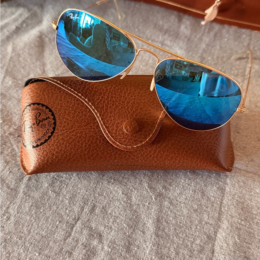 Ray-Ban Gold Frame Sunglasses with Reflective Blue Lenses